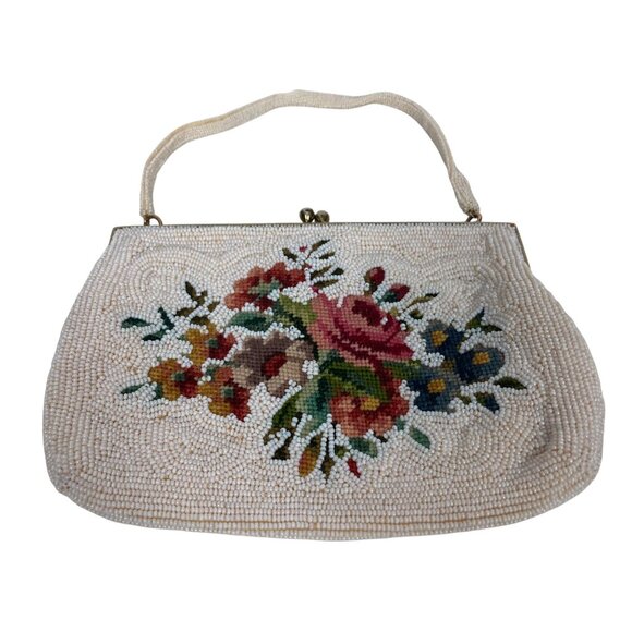Vintage Floral Beaded Handbag Evening Bag White Pink Bridal Wedding Japan Made - Picture 2 of 11